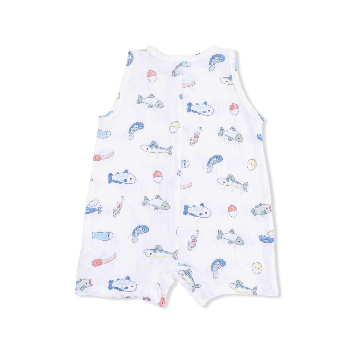 Baby romper with colorful fish print on a white background