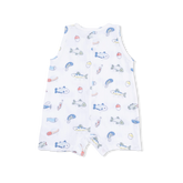 Baby romper with colorful fish print on a white background
