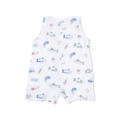Baby romper with colorful fish print on a white background