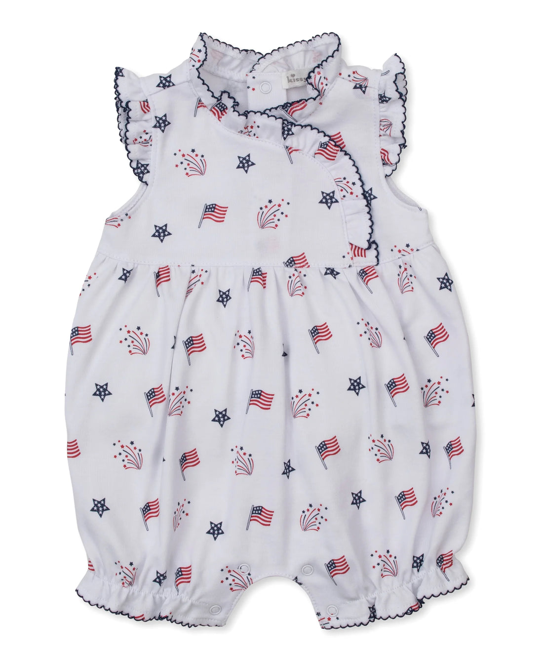 white ruffle playsuit with flags, fireworks and blue stars all over, navy blue trim