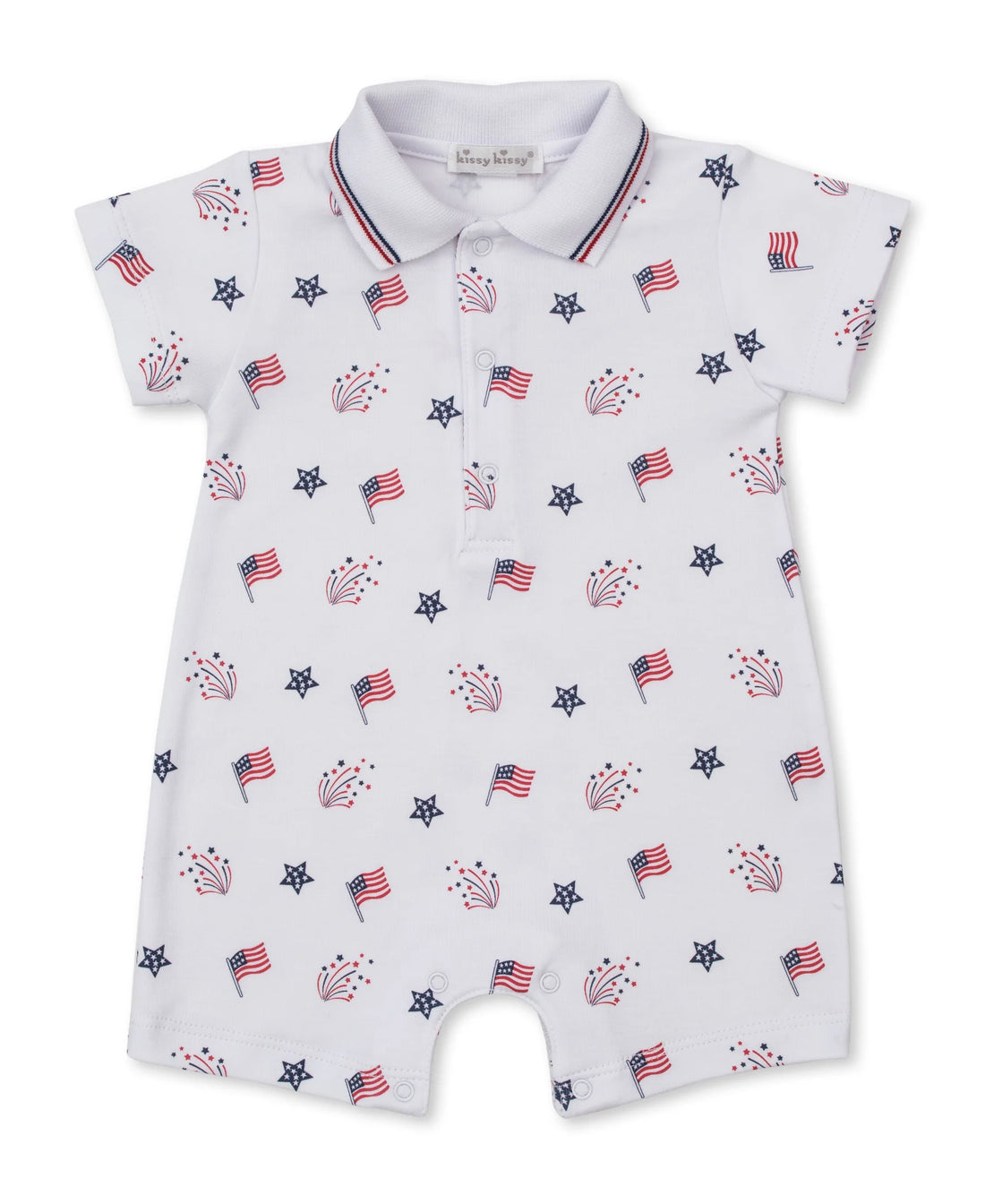 white romper with american flags, blue stars and fireworks all over