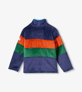 A long-sleeve fleece pullover jacket with a high mock neck, featuring horizontal color-blocked stripes in navy blue, orange, and green on a light gray background.
