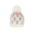 Knitted beanie with floral pattern and white pom-pom on a white background