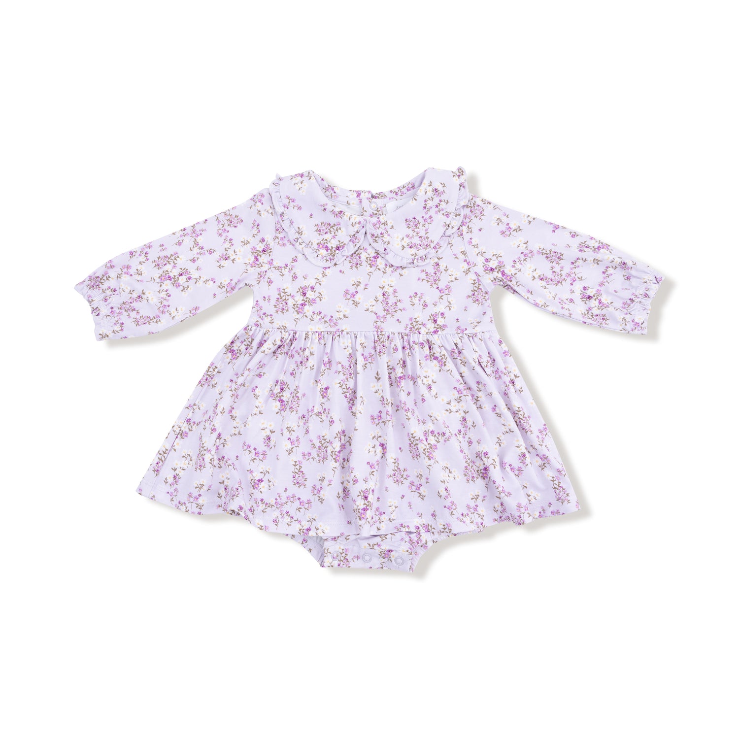 Floral-patterned baby romper on a white background