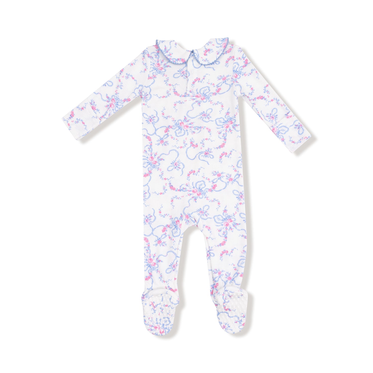 Baby onesie with colorful pattern on a white background
