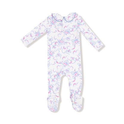 Baby onesie with colorful pattern on a white background