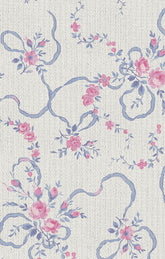 Floral pattern with pink flowers and blue ribbons on a light background