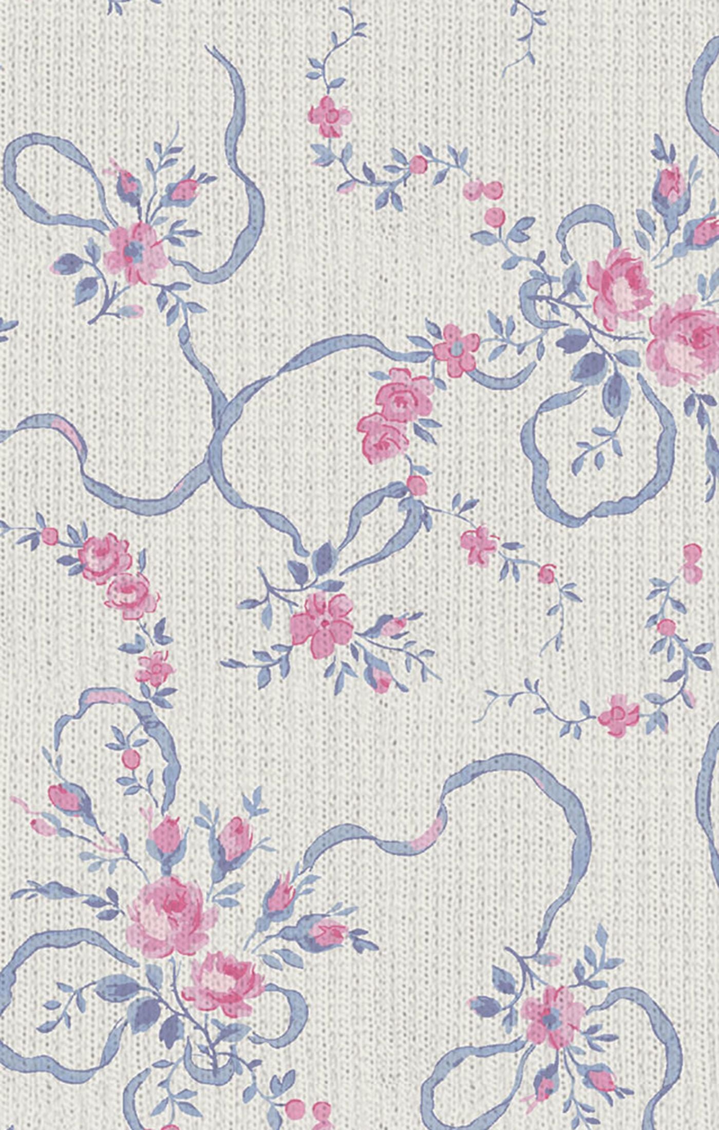 Floral pattern with pink flowers and blue ribbons on a light background