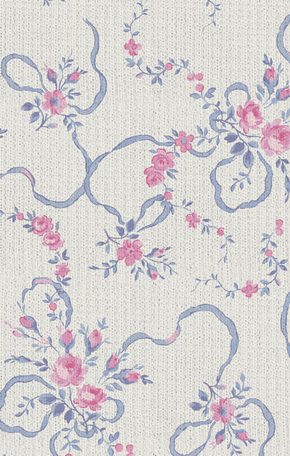 Floral pattern with pink flowers and blue ribbons on a light background
