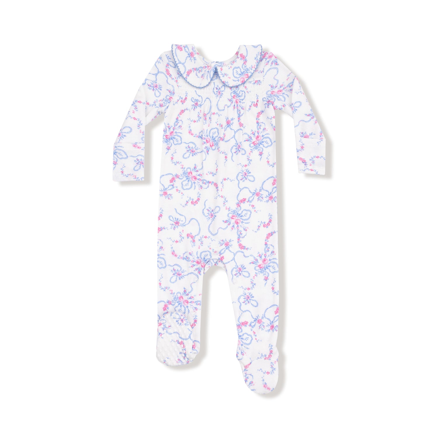 Baby onesie with floral pattern on a white background