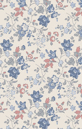 Floral pattern with blue, pink, and red flowers on a light background