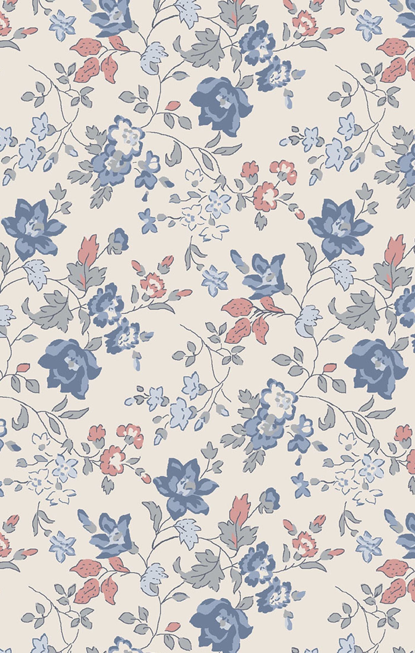 Floral pattern with blue, pink, and red flowers on a light background