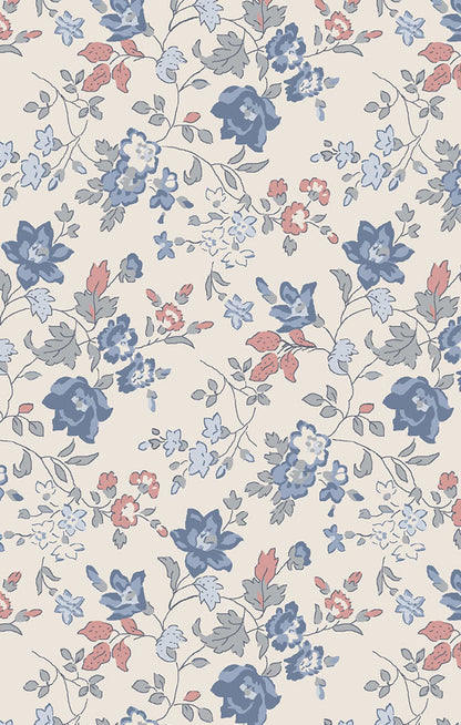 Floral pattern with blue, pink, and red flowers on a light background