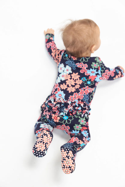 blue floral ruffle footie