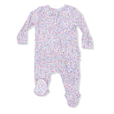 Floral patterned baby onesie on a white background