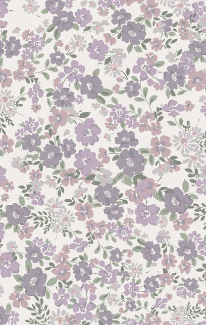 Floral pattern with purple and pink flowers on a white background