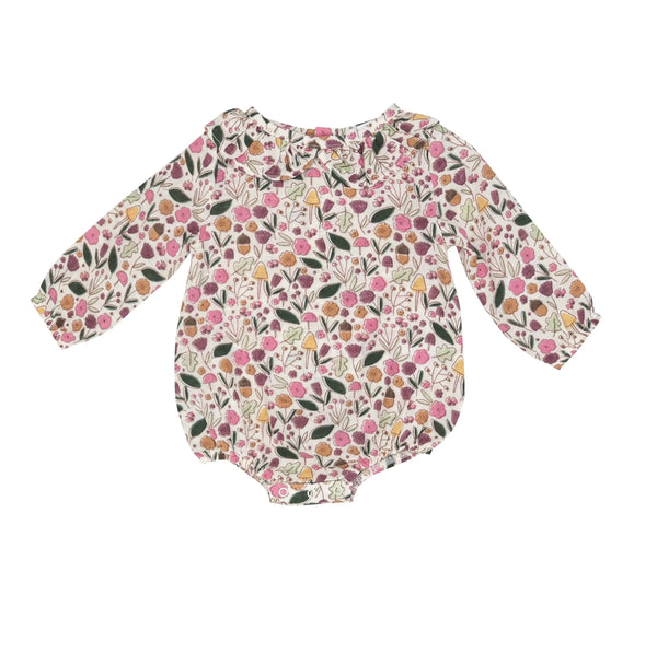 long sleeve ruffle onesie with pink orange and green flowers all over