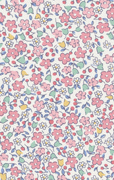 Floral pattern with pink, blue, and green flowers on a white background