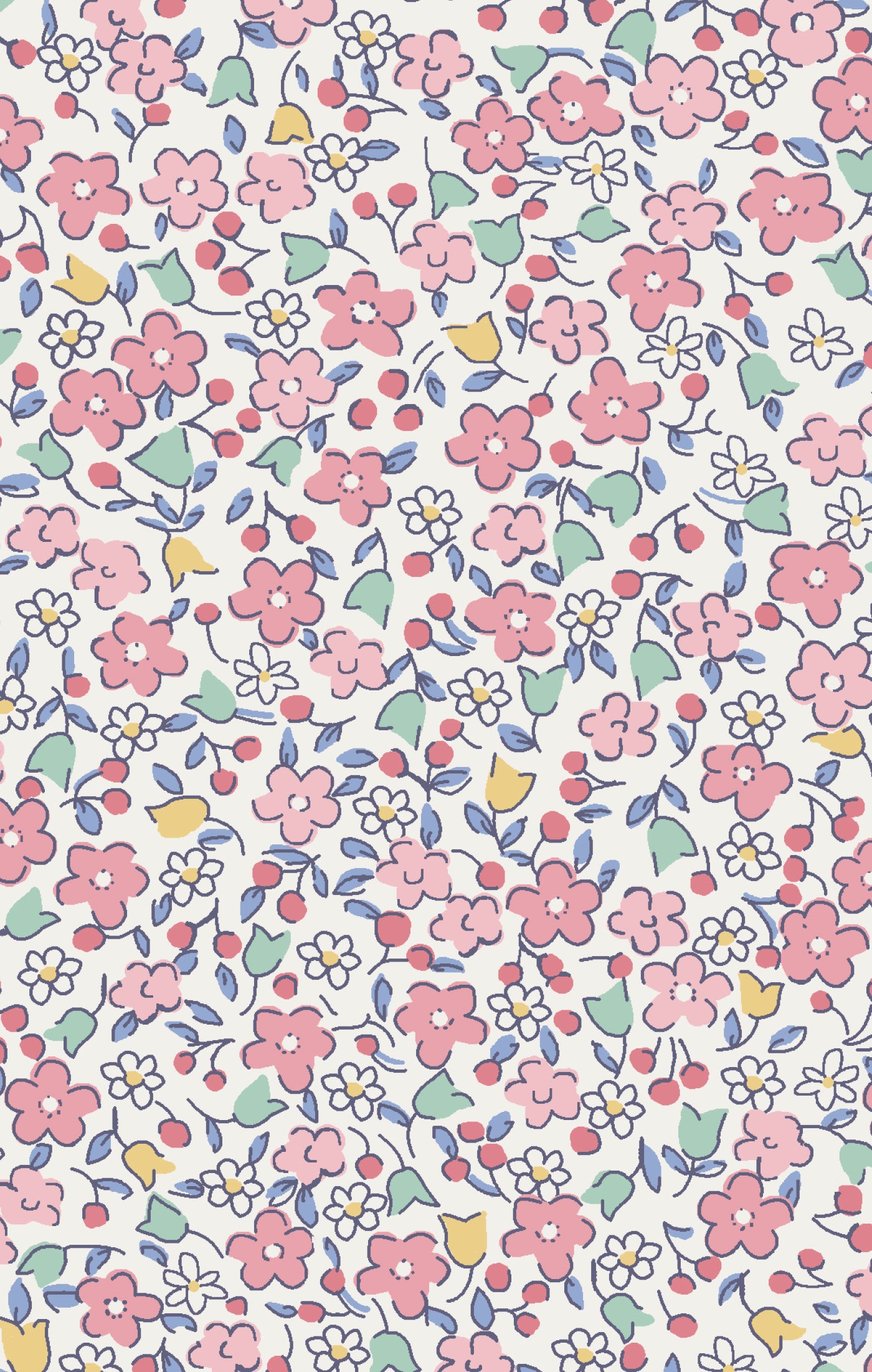 Floral pattern with pink, blue, and green flowers on a white background
