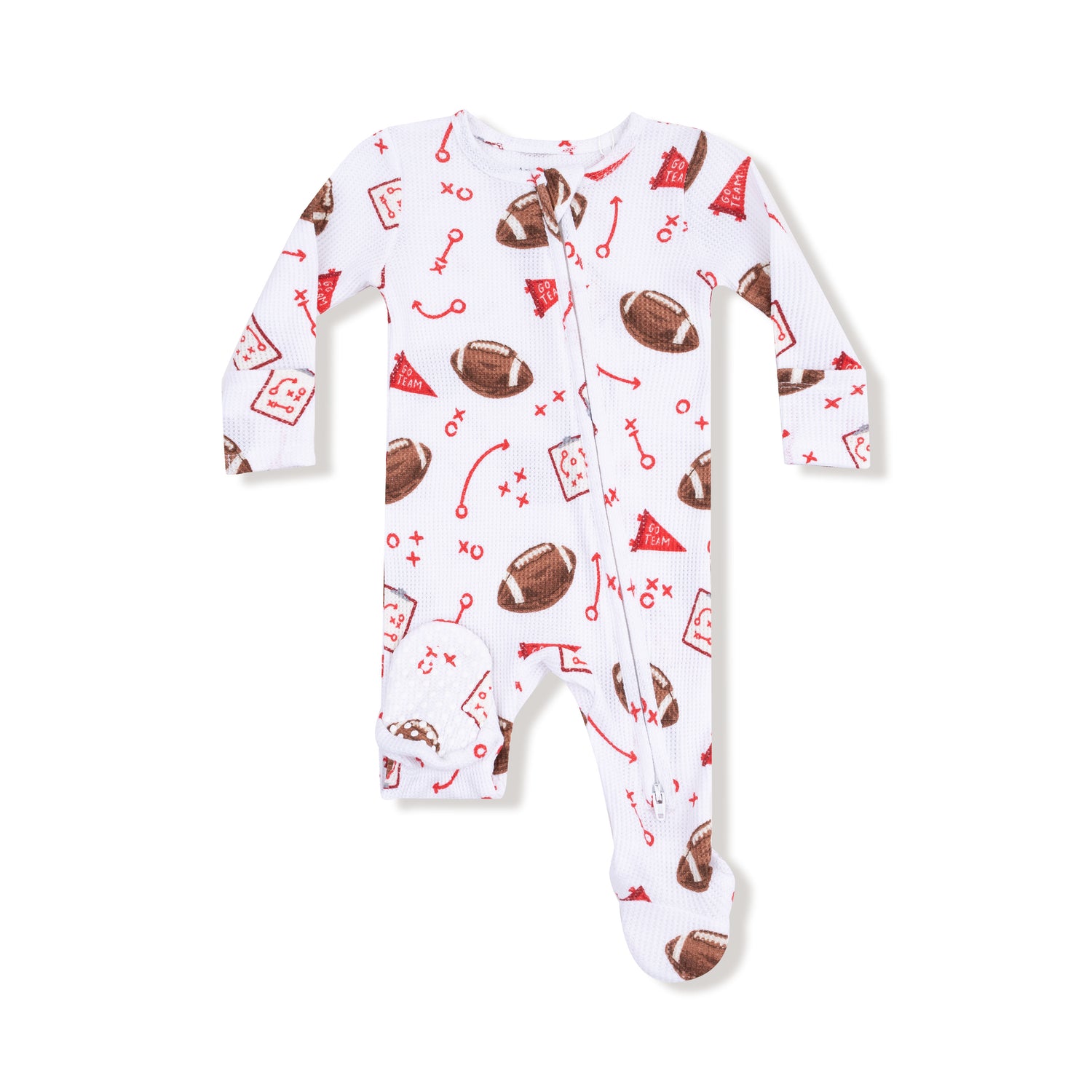 Baby onesie with football pattern on a white background
