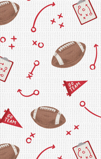 Pattern of footballs, flags, and play diagrams on a white background