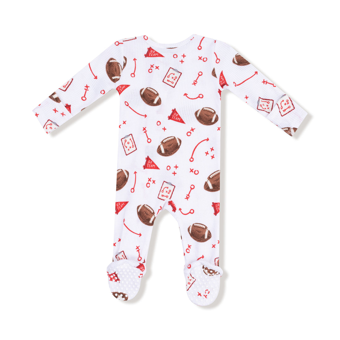 Baby onesie with football pattern on a white background