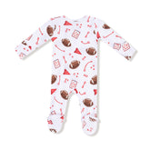 Baby onesie with football pattern on a white background