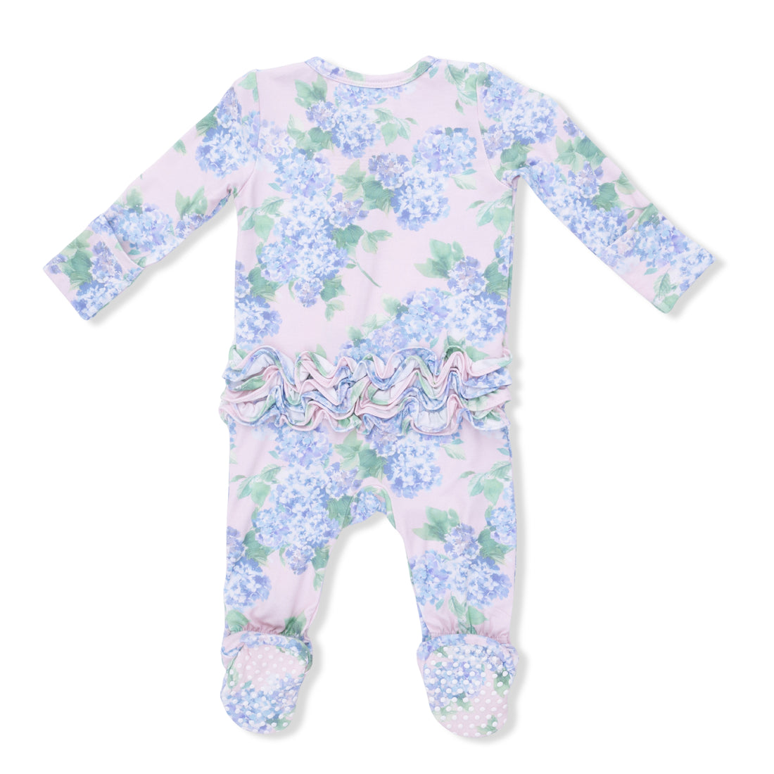 Baby onesie with floral pattern and ruffle details on a white background
