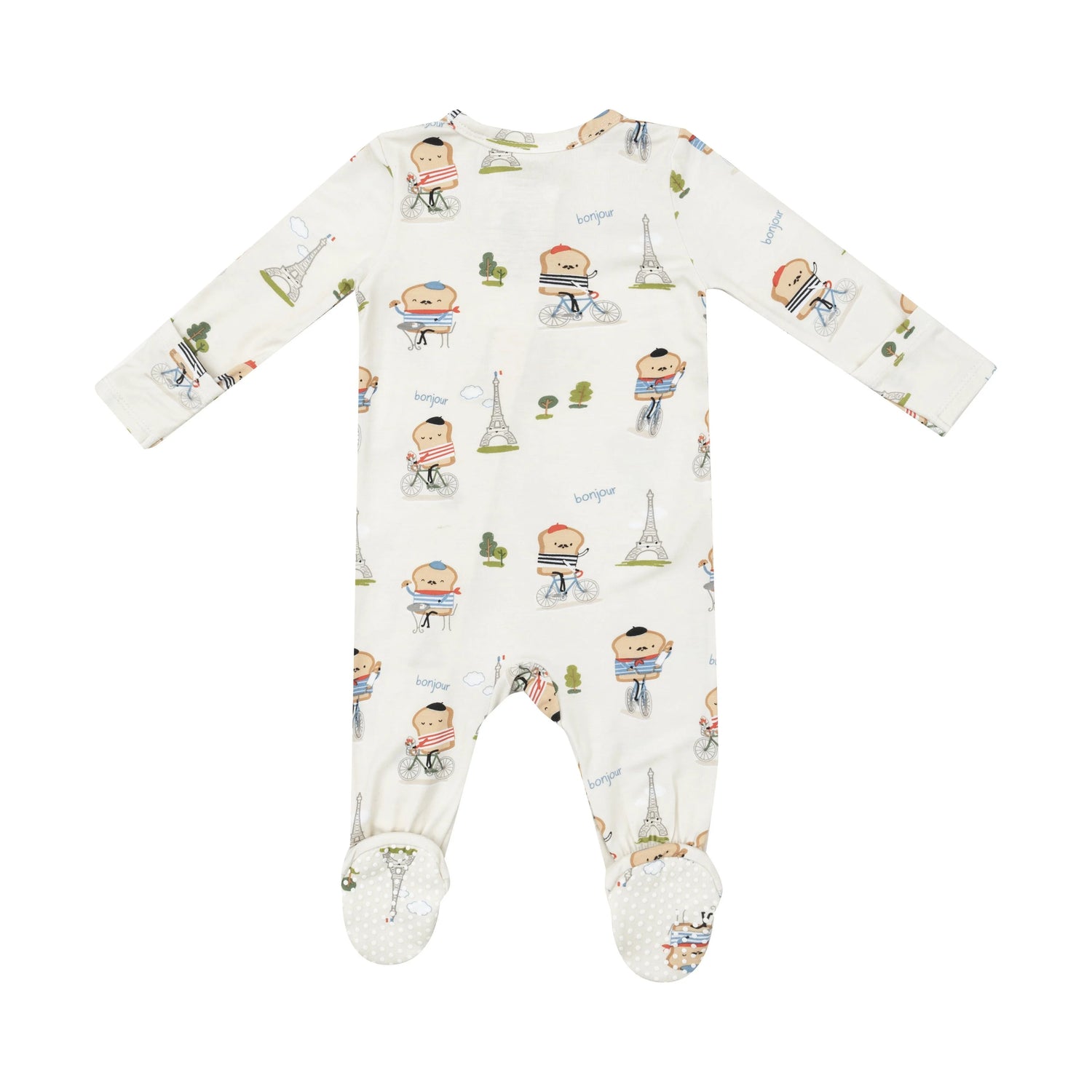 white baby footie with french toast dressed up like they are french with eiffel towers and greenery