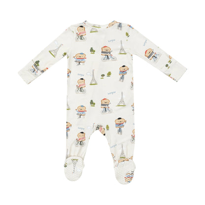 white baby footie with french toast dressed up like they are french with eiffel towers and greenery