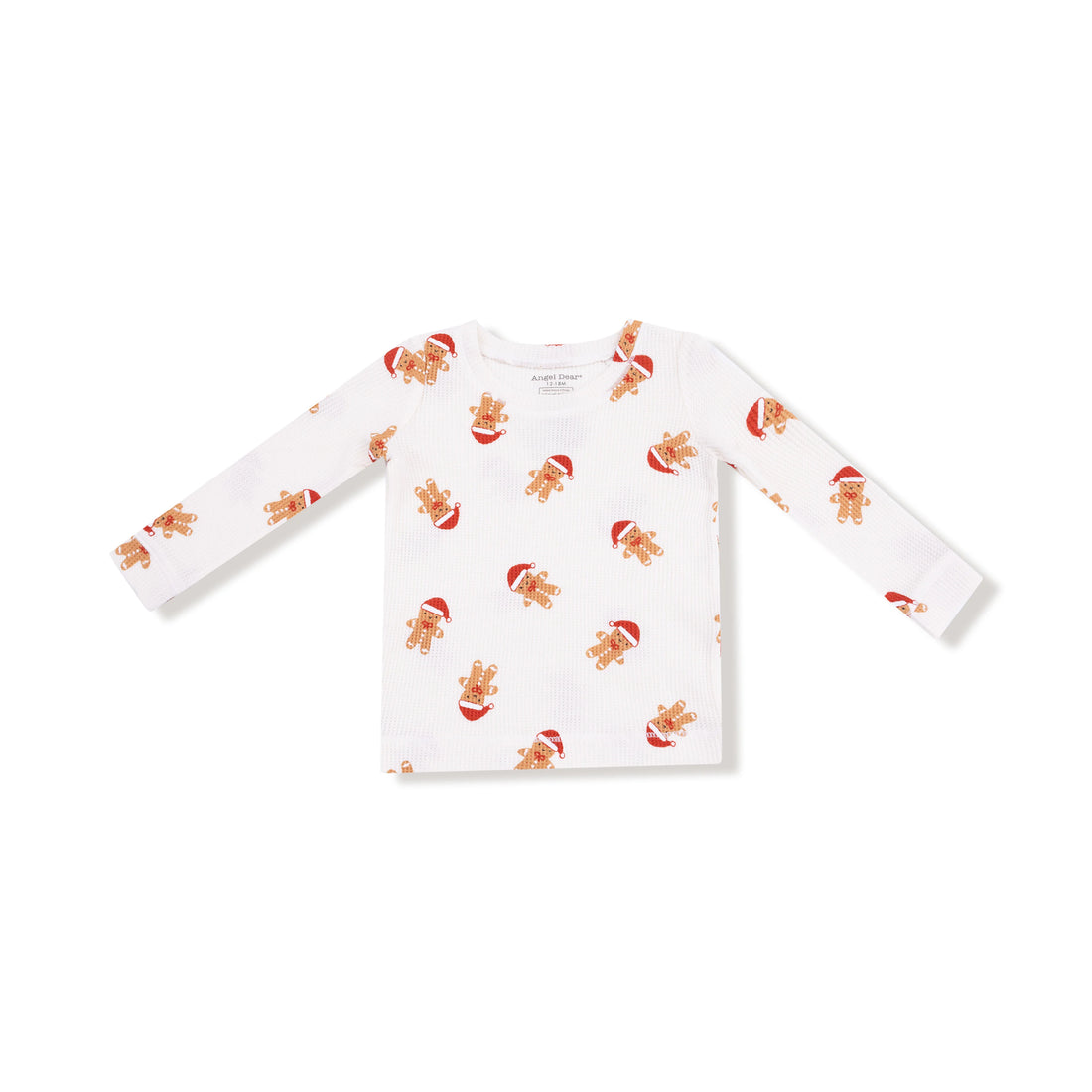 White long-sleeve shirt with gingerbread man pattern on a white background