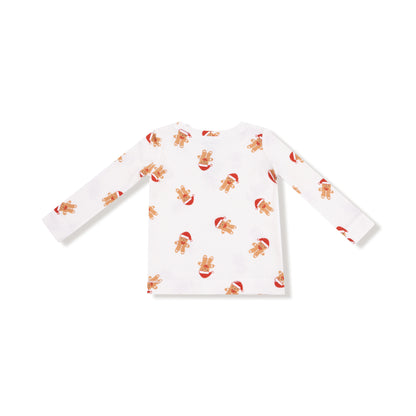 Long-sleeve shirt with gingerbread man pattern on a white background