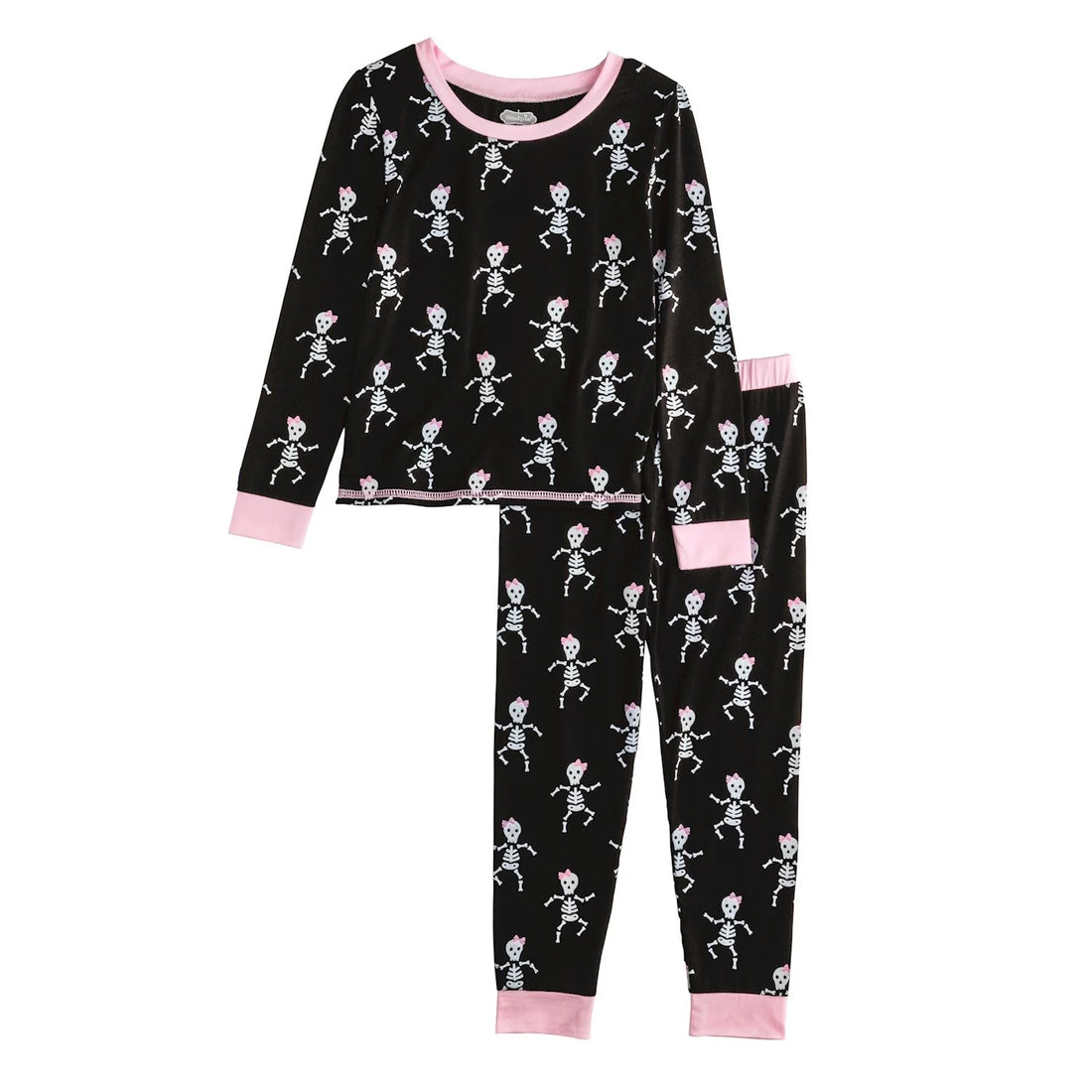 black long pajamas with pink trim and skeletons all over