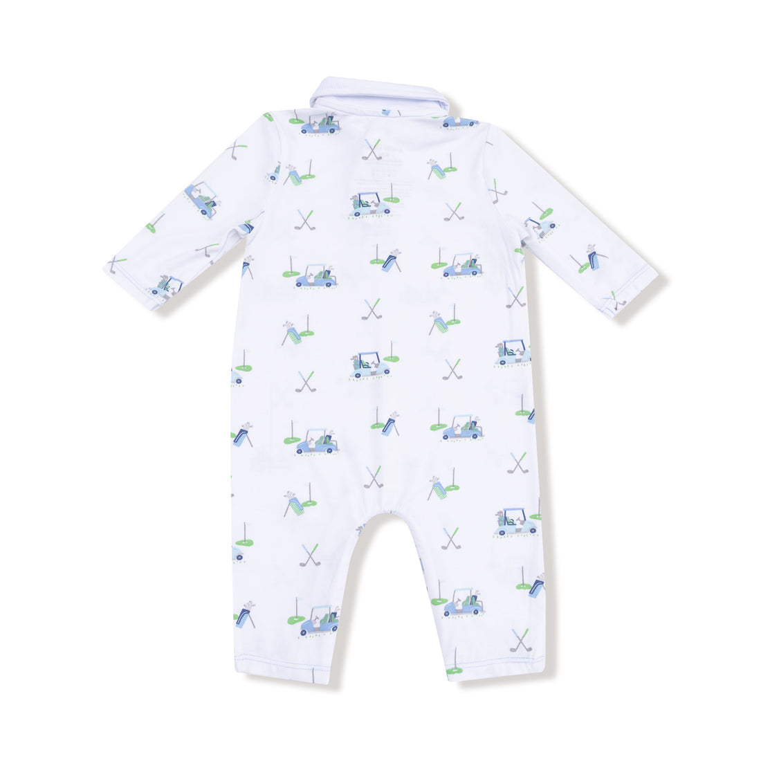 Baby romper with golf-themed print on a white background