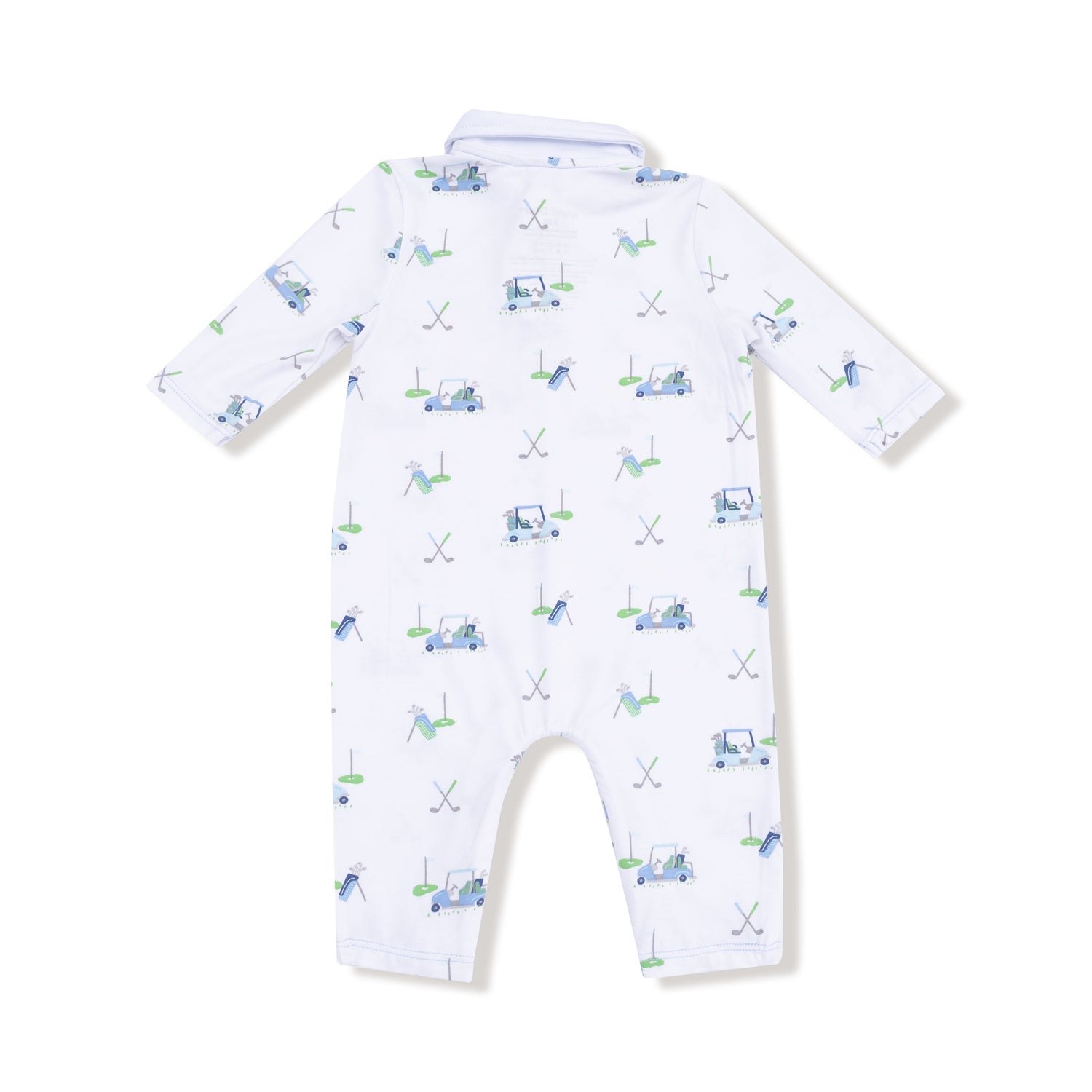 Baby romper with golf-themed print on a white background