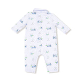 Baby romper with golf-themed print on a white background