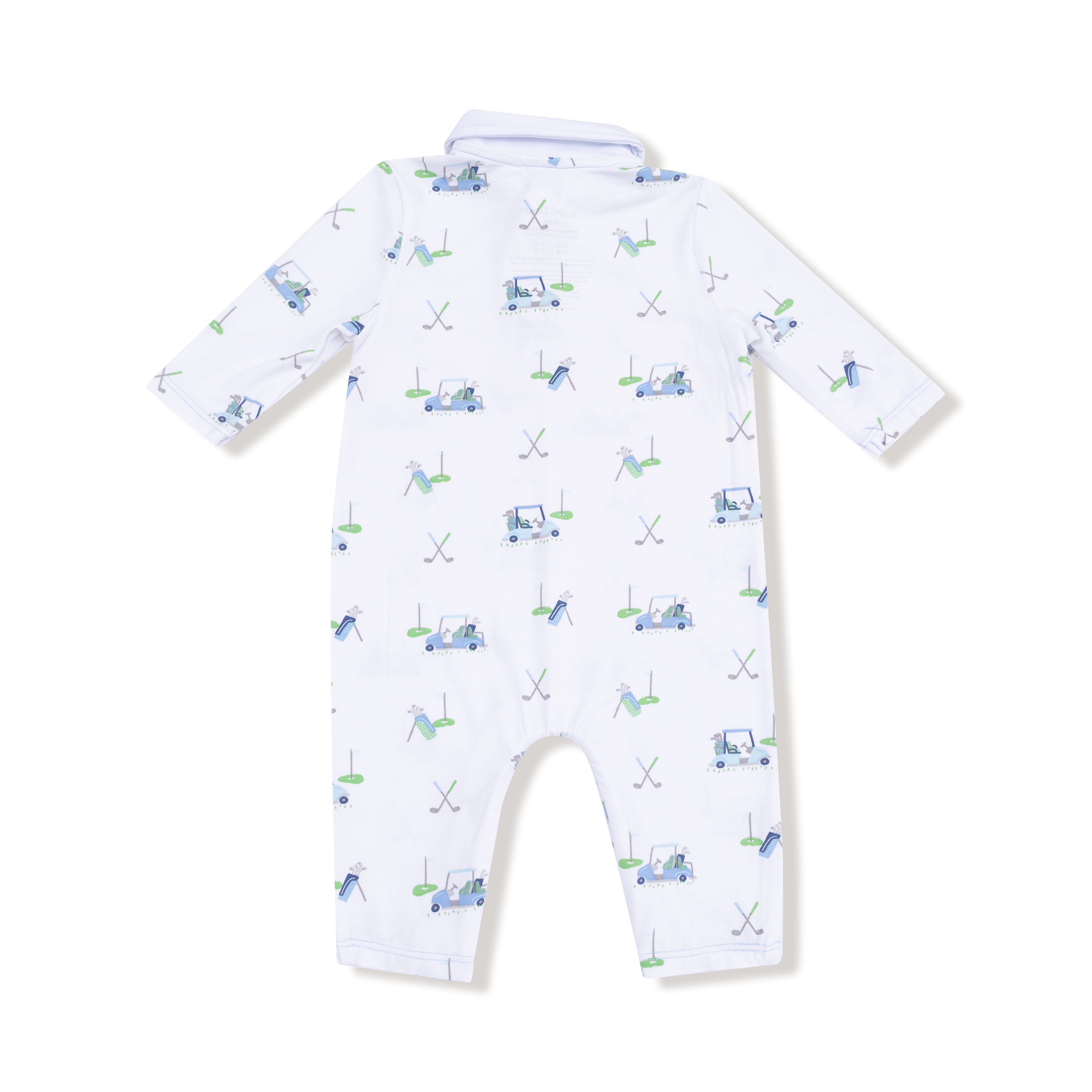 Baby romper with golf-themed print on a white background