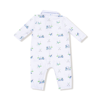 Baby romper with golf-themed print on a white background