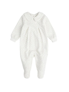 white velour peter pan collar footie with golden dots all over