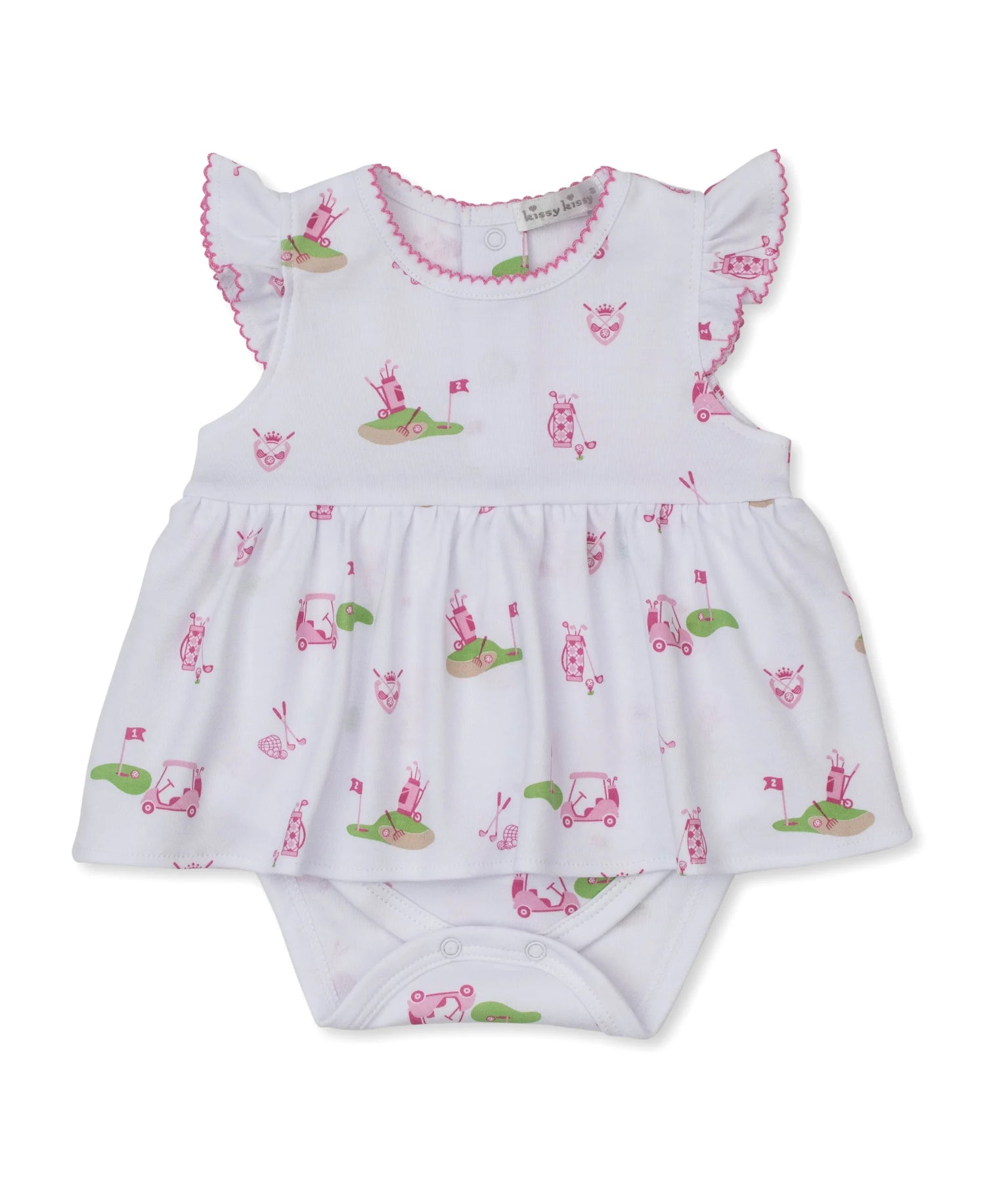 white bodysuit with pink golf emblems all over