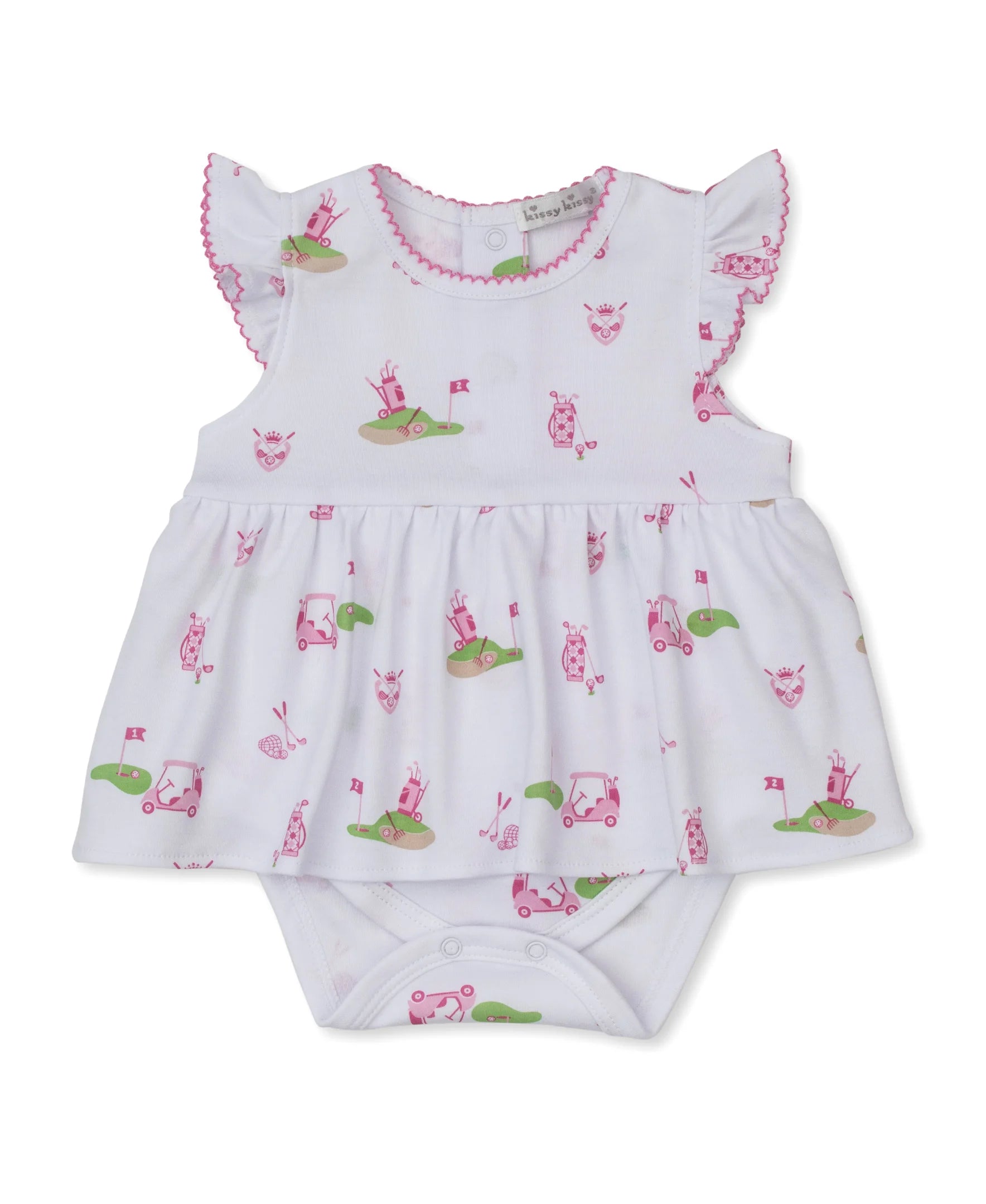 white bodysuit with pink golf emblems all over