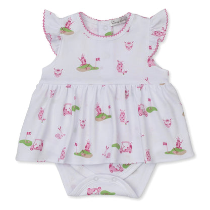 white bodysuit with pink golf emblems all over