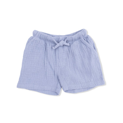 Light blue shorts with a tie waist on a white background