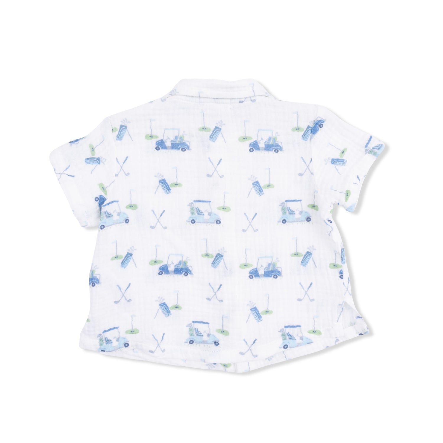 White shirt with blue golf-themed pattern on a white background
