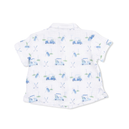 White shirt with blue golf-themed pattern on a white background