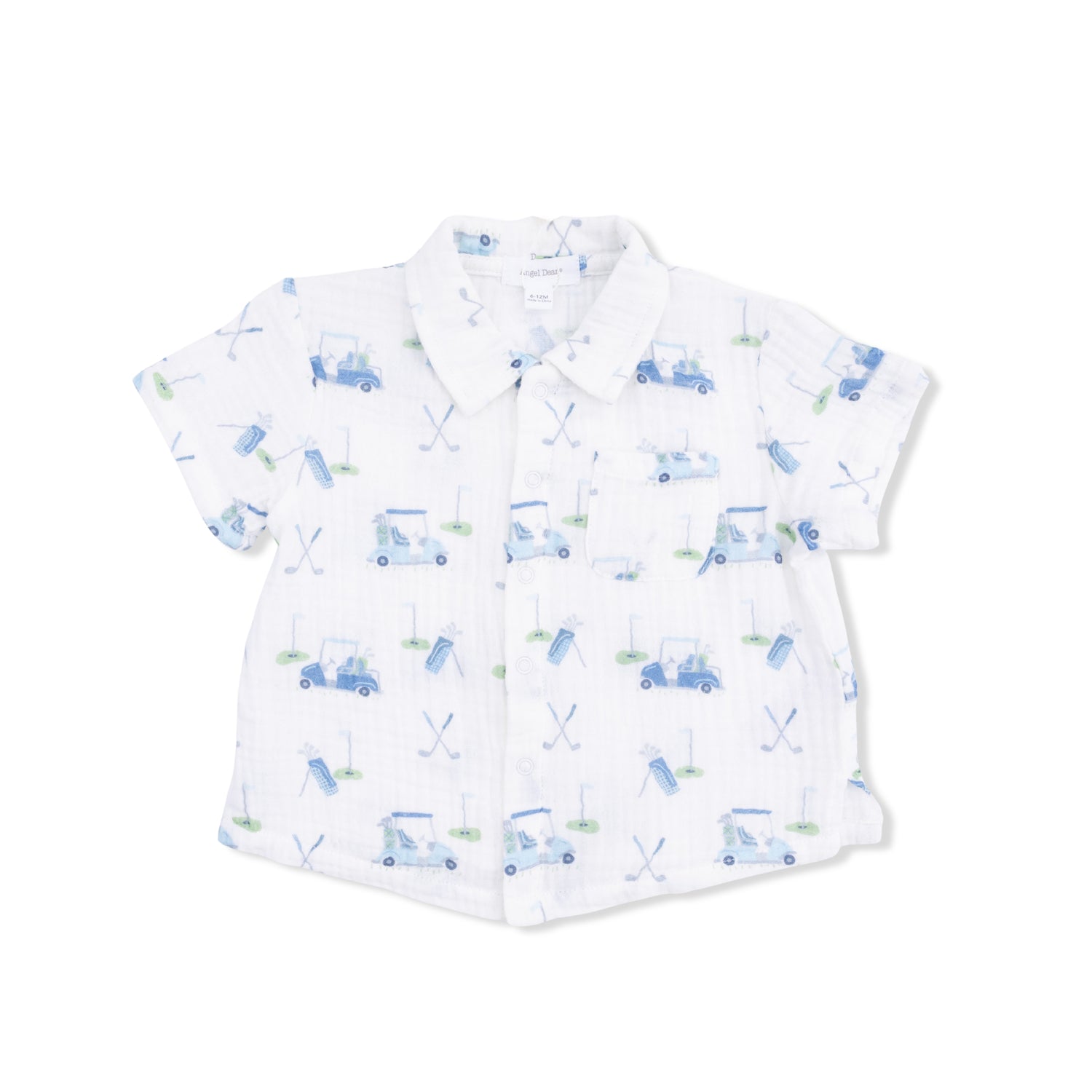 Short-sleeve shirt with blue car pattern on a white background
