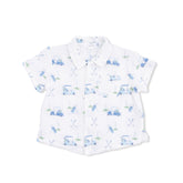 Short-sleeve shirt with blue car pattern on a white background