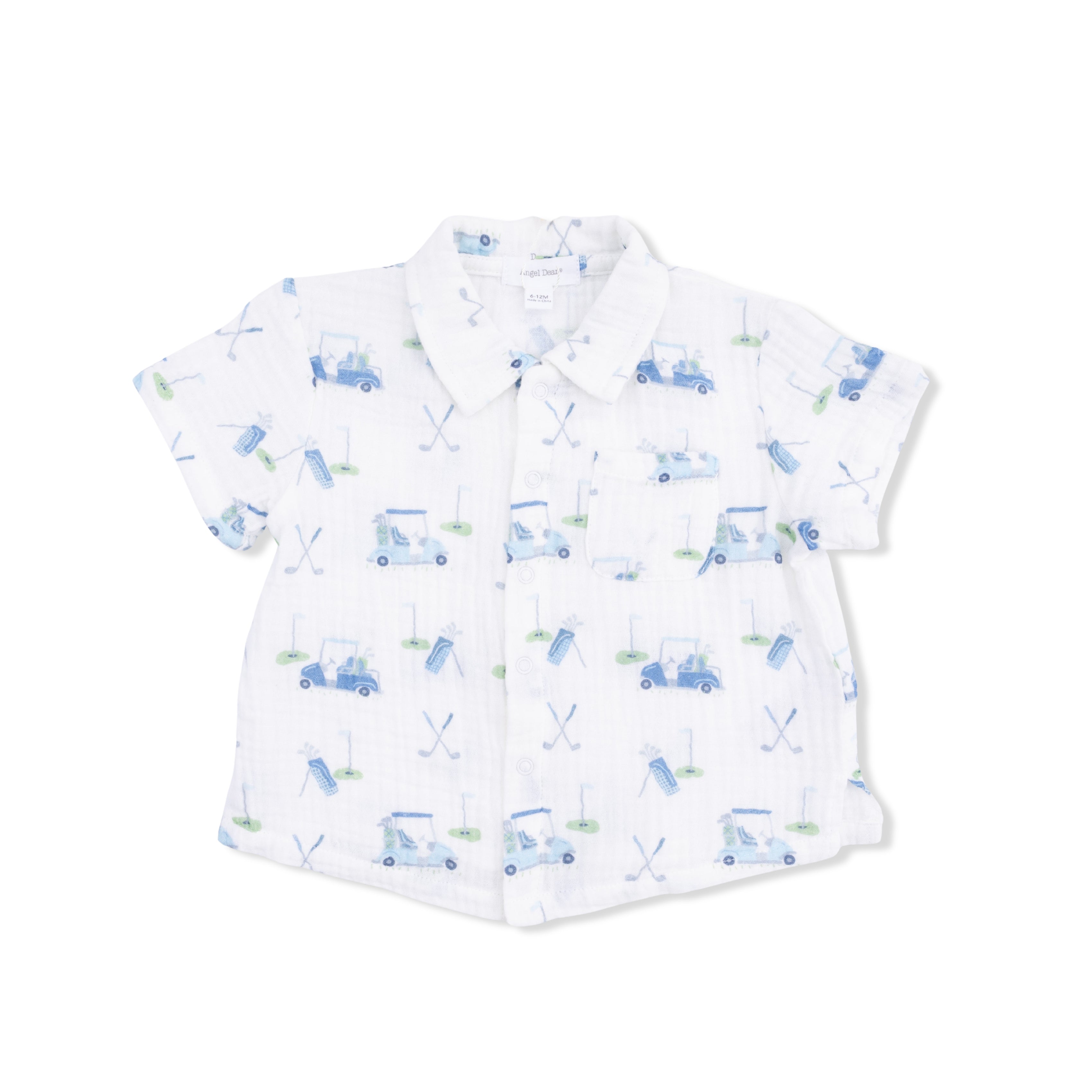 Short-sleeve shirt with blue car pattern on a white background