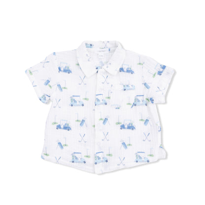 Short-sleeve shirt with blue car pattern on a white background