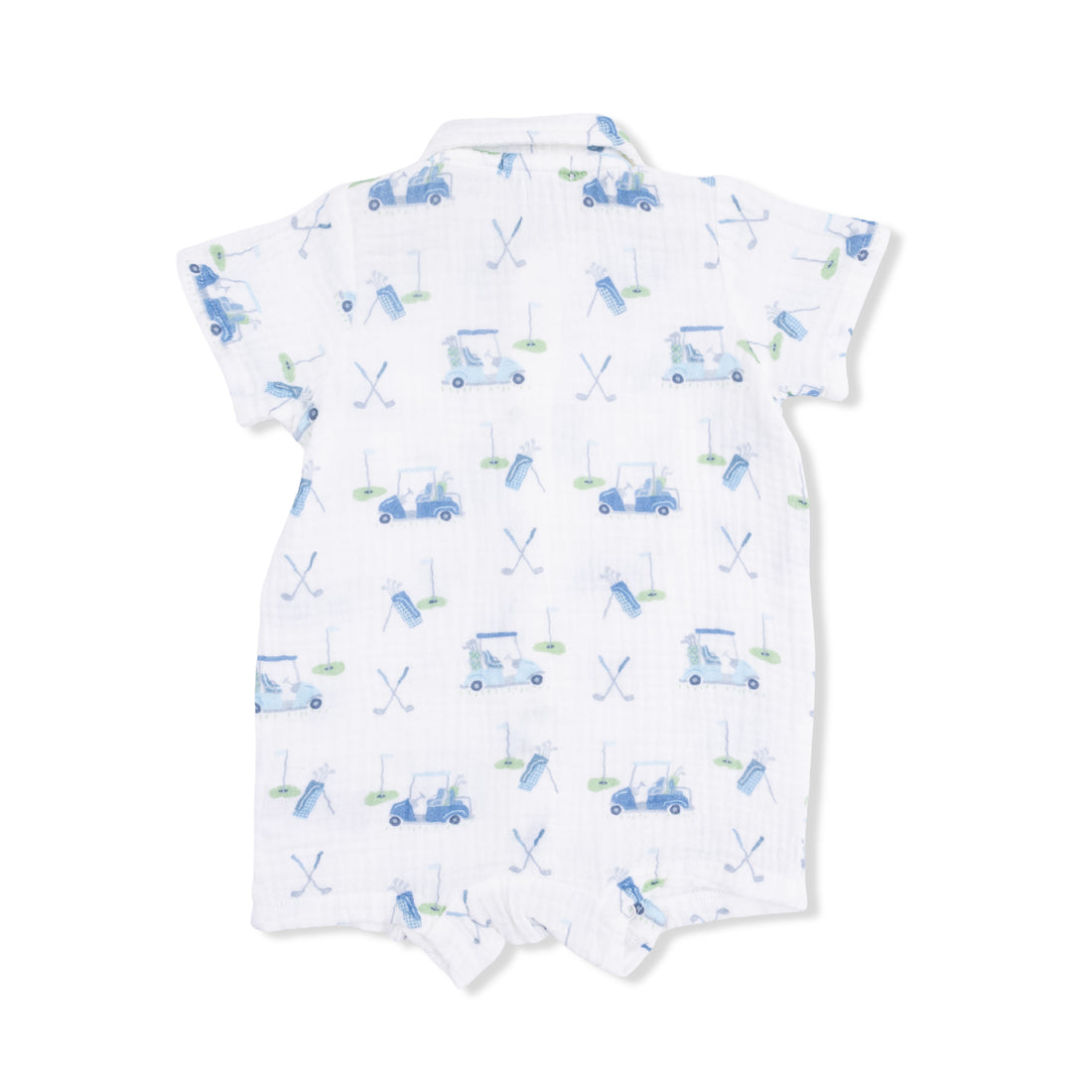 Baby romper with blue car pattern on a white background